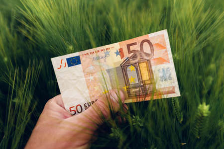 Barley cultivation profit concept, farmer holding euro banknotes in cultivated field, selective focusの写真素材