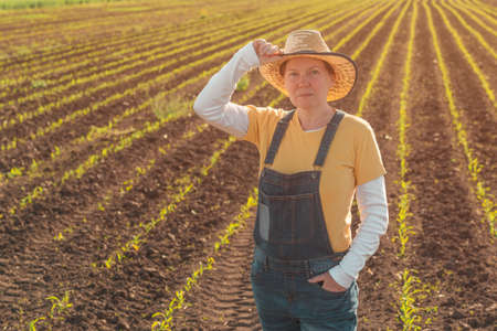 Portrait of female corn farmer in cultivated maize field wearing straw hat and jeans bib overalls and standing among young crop seedlingsの写真素材