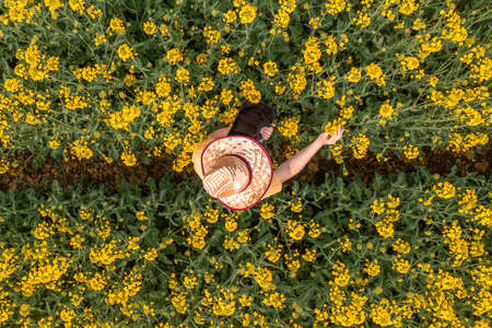 Aerial view of female farmer with digital tablet computer in blooming rapeseed field using...