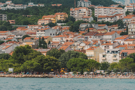 CRIKVENICA, CROATIA - July 26, 2021: Town of Crikvenica in Kvarner bay area of Croatian part of Adriatic sea seen from the tourist boatのeditorial素材