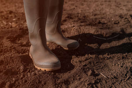 Close up of female farmer in rubber boots standing in the ploughed field, selective focusの写真素材
