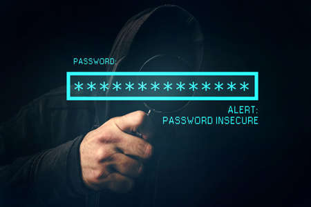 Password insecure alert, unrecognizable computer hacker stealing personal data, internet cyber crime...