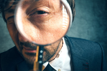 Enlarged eye of tax inspector looking through magnifying glass, inspecting offshore company financial papers, documents and reports.の写真素材