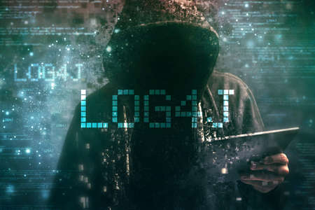Hooded computer hacker in cybersecurity vulnerability Log4J concept with digital glitch effect