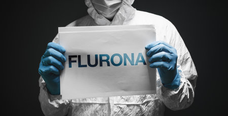 Flurona, infection with both seasonal flu and Covid 19 coronavirus, conceptual image with...