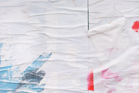 Shabby and messy crumpled and torn poster paper texture as graphic design element background, white...