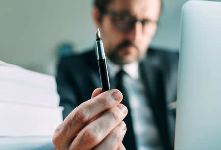 Sign the agreement, serious employer offering pen, selective focus