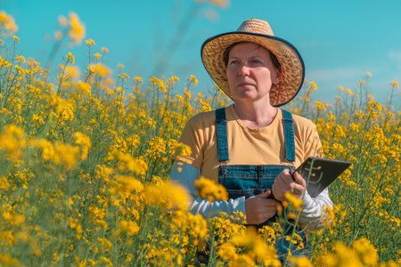 Female farmer using tablet in rapeseed field for digital tax record keeping, selective focusの写真素材