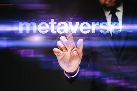 Metaverse concept, businessman investing in virtual reality world focused on social connection, selective focus