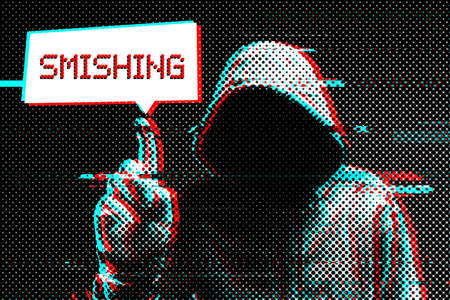 Smishing or SMS phishing concept, digitally enhanced image with hooded computer hacker finger-pointing to textの写真素材