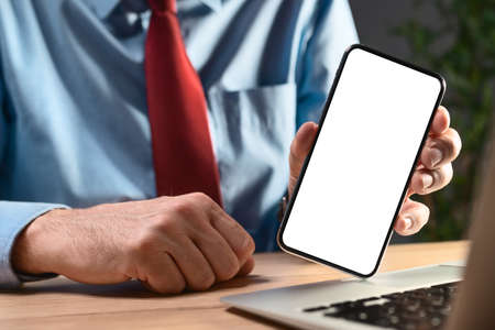 Businessman holding modern smartphone with blank mockup screen, selective focus