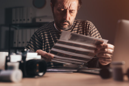 Photographer reviewing old analog camera 35 negative filmstrip at his workplace, selective focusの写真素材