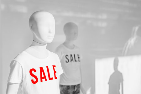 Mannequin with Sale t-shirts in fashion clothes store shop window, selective focusの写真素材