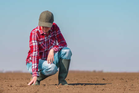 Farmer checking soil quality in plowed field before sowing season