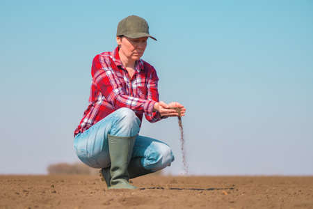 Farmer checking soil quality in plowed field before sowing seasonの写真素材