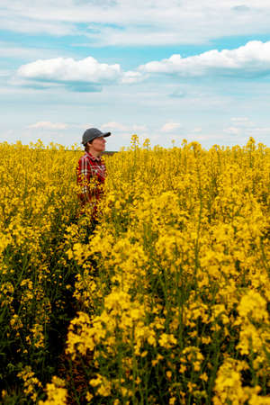 Female farm worker wearing red plaid shirt and trucker's hat standing in cultivated rapeseed field in bloom and looking over crops, selective focusの写真素材