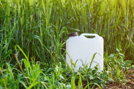 White canister plastic can as herbicide container in cultivated barley crop field with weed that needs to be treatedの写真素材