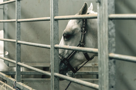 Sad white horse behind the bars of a farm pen, selective focusの写真素材