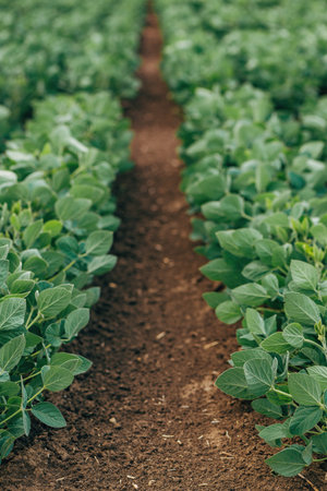 Soybean crops (Glycine max) in cultivated agricultural field in diminishing perspective, selective focusの写真素材