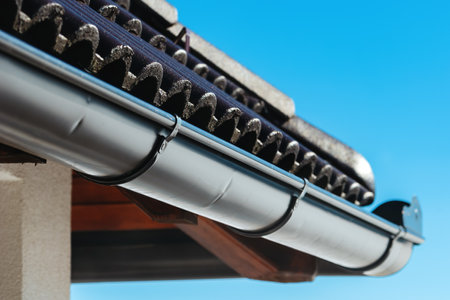 House roof rain gutter on sunny day, selective focusの写真素材