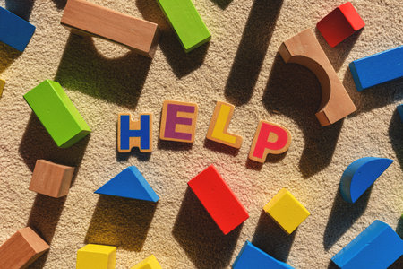 Word HELP and didactic toy elements, top viewの写真素材
