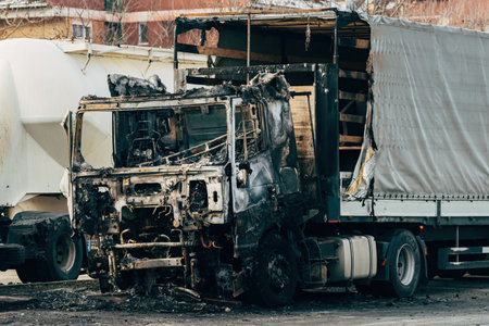 Semi truck engulfed by fire flames after traffic accident is burned and damaged, selective focusの写真素材