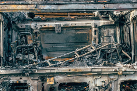 Semi truck engulfed by fire flames after traffic accident is burned and damaged, selective focusの写真素材