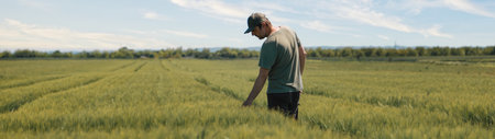 Agronomist examining barley crops in agricultural field, middle aged agronomist wearing green t-shirt and trucker hat walking through cultivated plantation and looking over plants, selective focusの写真素材