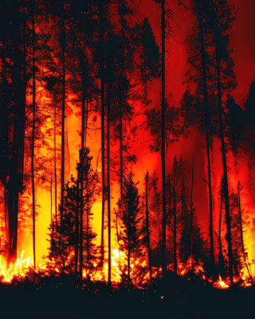 Fire in the forest at night, generative ai illustrationの素材