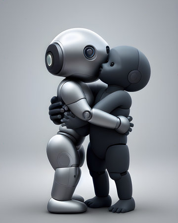 Two humanoid robots hugging, generative ai illustrationの素材