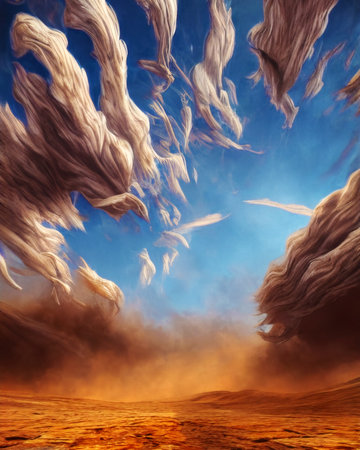 Huge dust cloud over the sandy desert landscape. Generative ai illustration.の素材