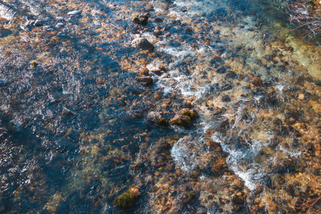 High angle view of mountain river Mostnica in slovenian national park Triglav in winter morningの写真素材