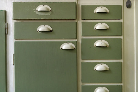 Old vintage wooden kitchen cabinet drawers and handlesの写真素材