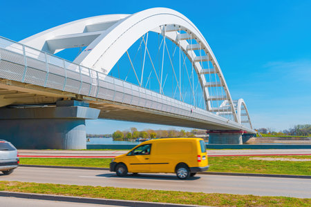 Zezelj bridge, a tied-arch bridge on Danube river in Novi Sad, Vojvodina, Serbia. This structure was opened in 2018.の写真素材