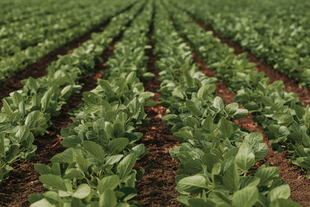 Young green soybean crop seedling plants in cultivated perfectly clean agricultural plantation field, selective focusの写真素材