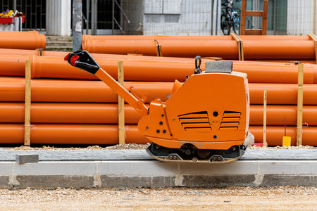 Road rammer machine on construction site, selective focusの写真素材