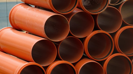 Stacked hdpe sewage pipes on construction site, selective focusの写真素材