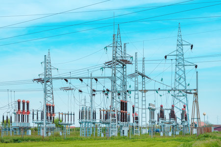 Electrical substation at town suburbs on sunny spring day