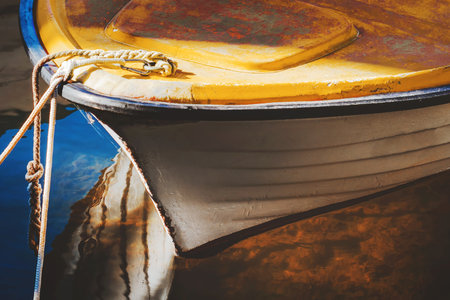 Fishing boats moored in small marina in town of Lovran, Croatia. Selective focus.の写真素材