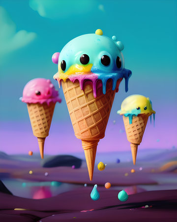 Icecream monsters with cute eyes in a cone, generative ai illustrationの素材