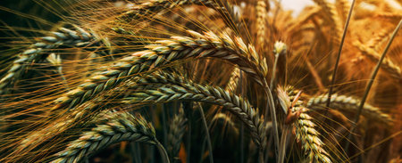 Ripening ears of common wheat (Triticum aestivum) cultivated crops in field, selective focus