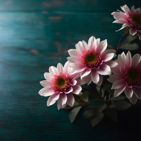 Colorful vibrant spring flowers on textured wooden teal painted dark moody background. Generative ai illustration.の素材