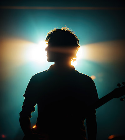 Dark cinematic moody image of young man playing guitar on music stage, generative ai illustrationの素材