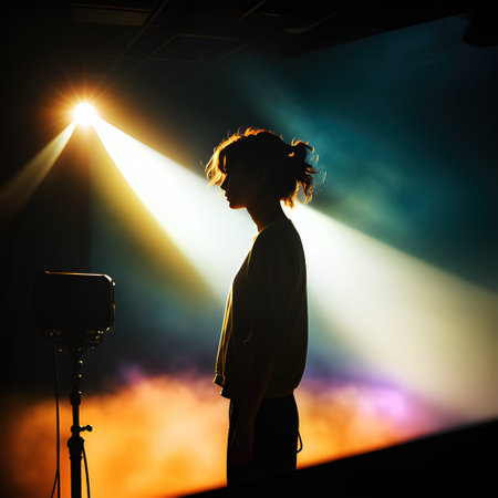 Dark moody cinematic image of female art performer on stage preparing for a performance, generative ai illustrationの素材