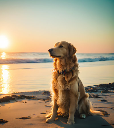 Cute golden labrador retriever at sandy tropical ocean beach in sunset, generative ai illustrationの素材