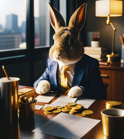 Rabbit dressed as businessman doing paperwork at office desk, generative ai illustrationの素材