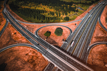 Clover leaf shaped highway interchange from drone pov, high angle viewの写真素材