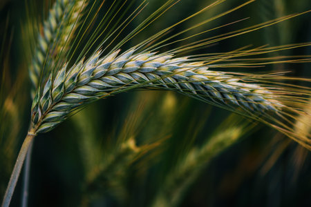Unripe ear of common wheat in field, selective focusの写真素材