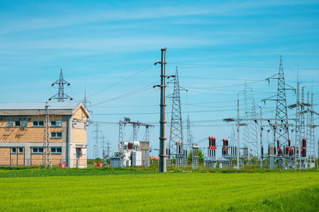 Electrical substation at town suburbs on sunny spring day