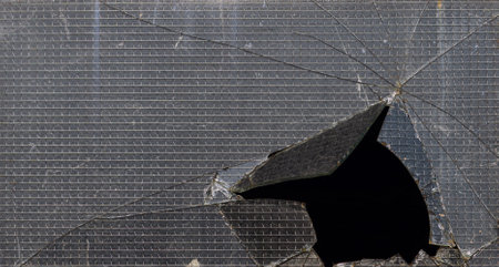 Broken reinforced glass window with dark black hole as backgroundの写真素材
